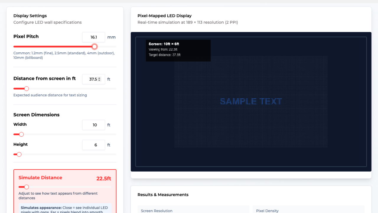 LED display calculator interface showing pixel pitch, screen size, viewing distance, and simulated text appearance.