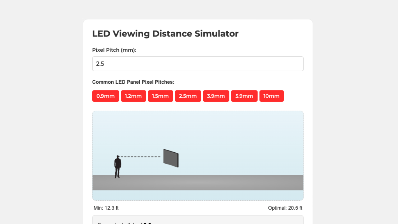 LED Viewing Distance Simulator interface showing pixel pitch input and common pixel pitch options.