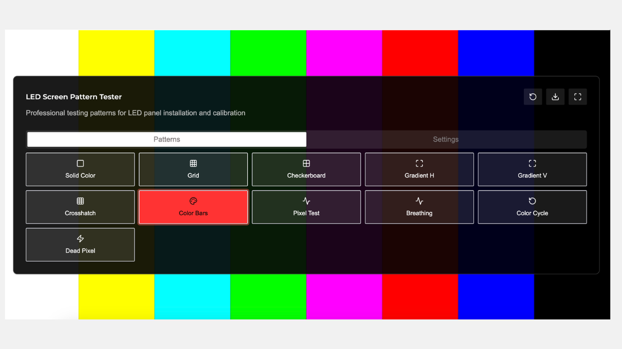 LED screen tester interface with color bars pattern displayed and various test pattern buttons.