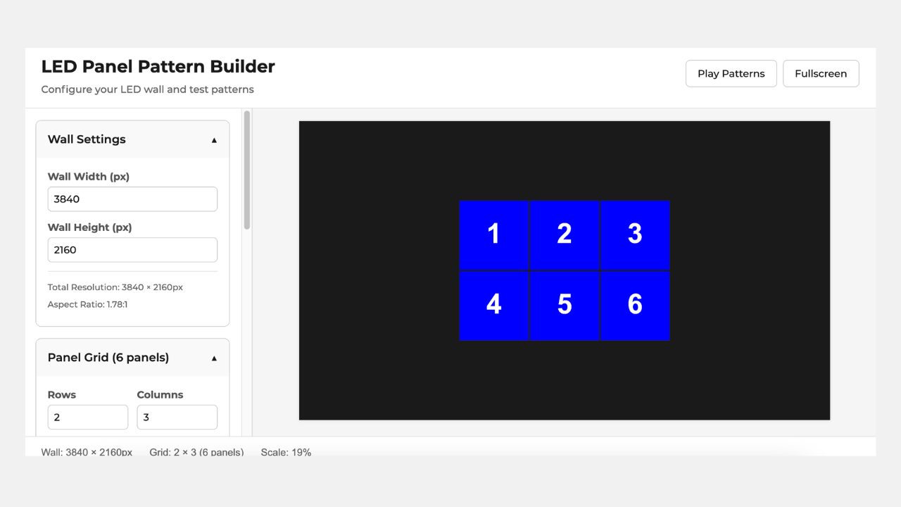 LED Panel Pattern Builder interface showing wall settings and a 2x3 grid of blue numbered panels on black.