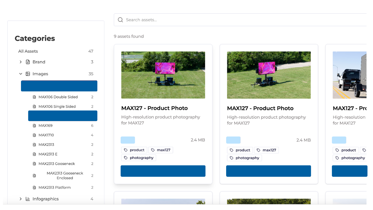 Digital asset management interface showing categories and thumbnails of product photos for MAX127.