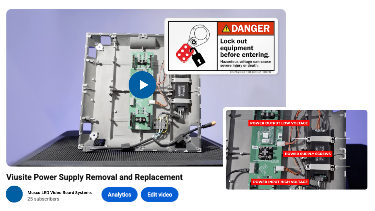Video tutorial screenshot showing Viusite power supply removal with danger warning and voltage labels.