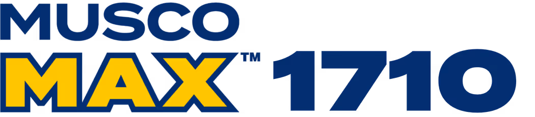 Musco Max 1710 logo with MAX in yellow and other text in blue on black background.