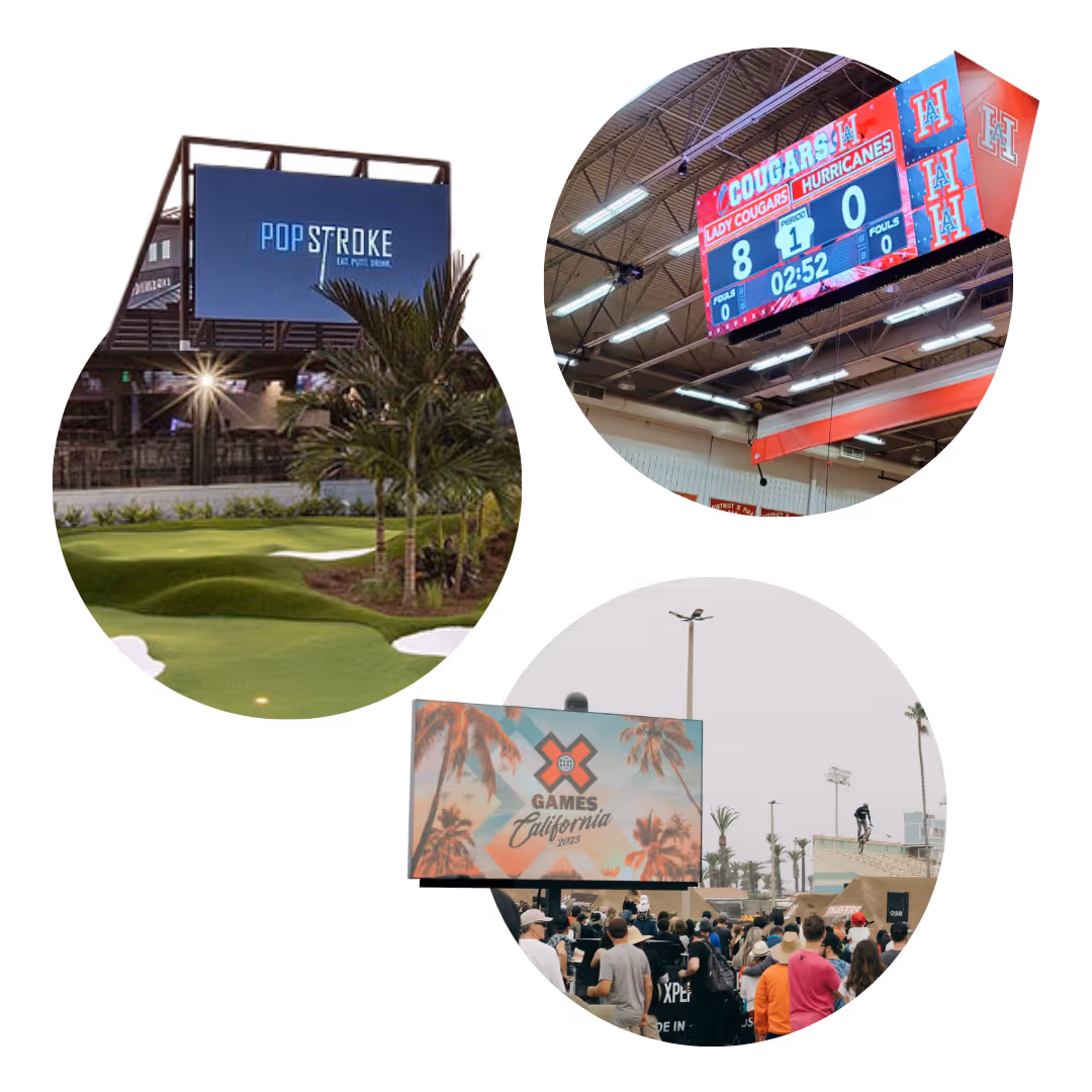 Three circular images: golf putting green with POPSTROKE sign, scoreboard in gym, X Games event crowd outdoors.
