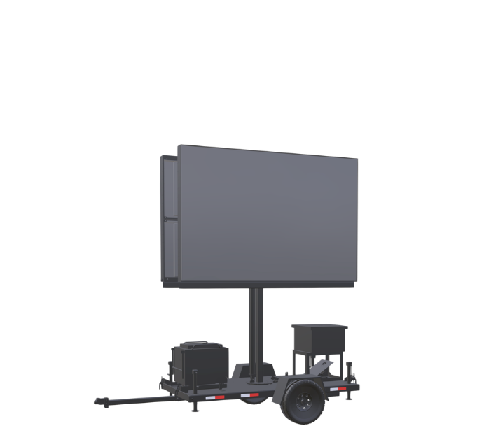 Portable digital billboard screen mounted on a trailer with one wheel and tow hitch.