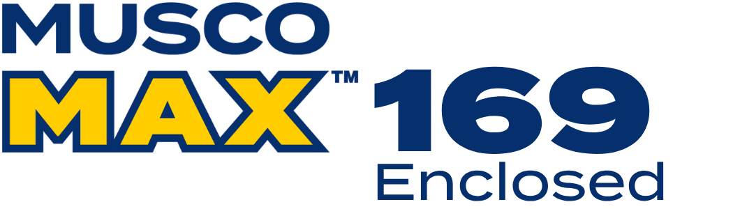 Musco MAX 169 Enclosed logo in blue and yellow text on a white background.