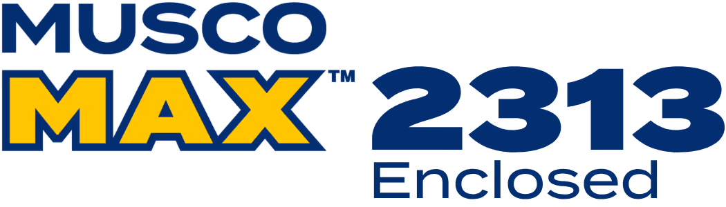 Musco MAX 2313 Enclosed text logo with MAX in yellow and other text in blue.
