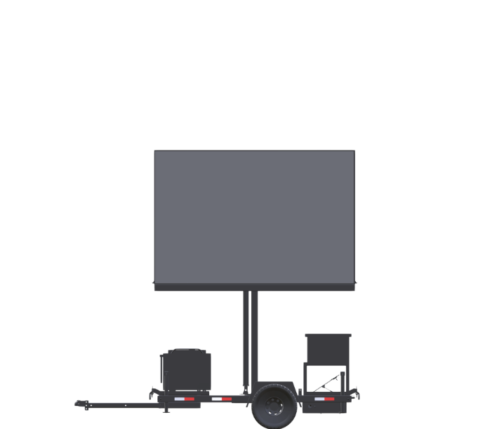 Side view of a mobile LED video screen trailer with single wheel and support structures.
