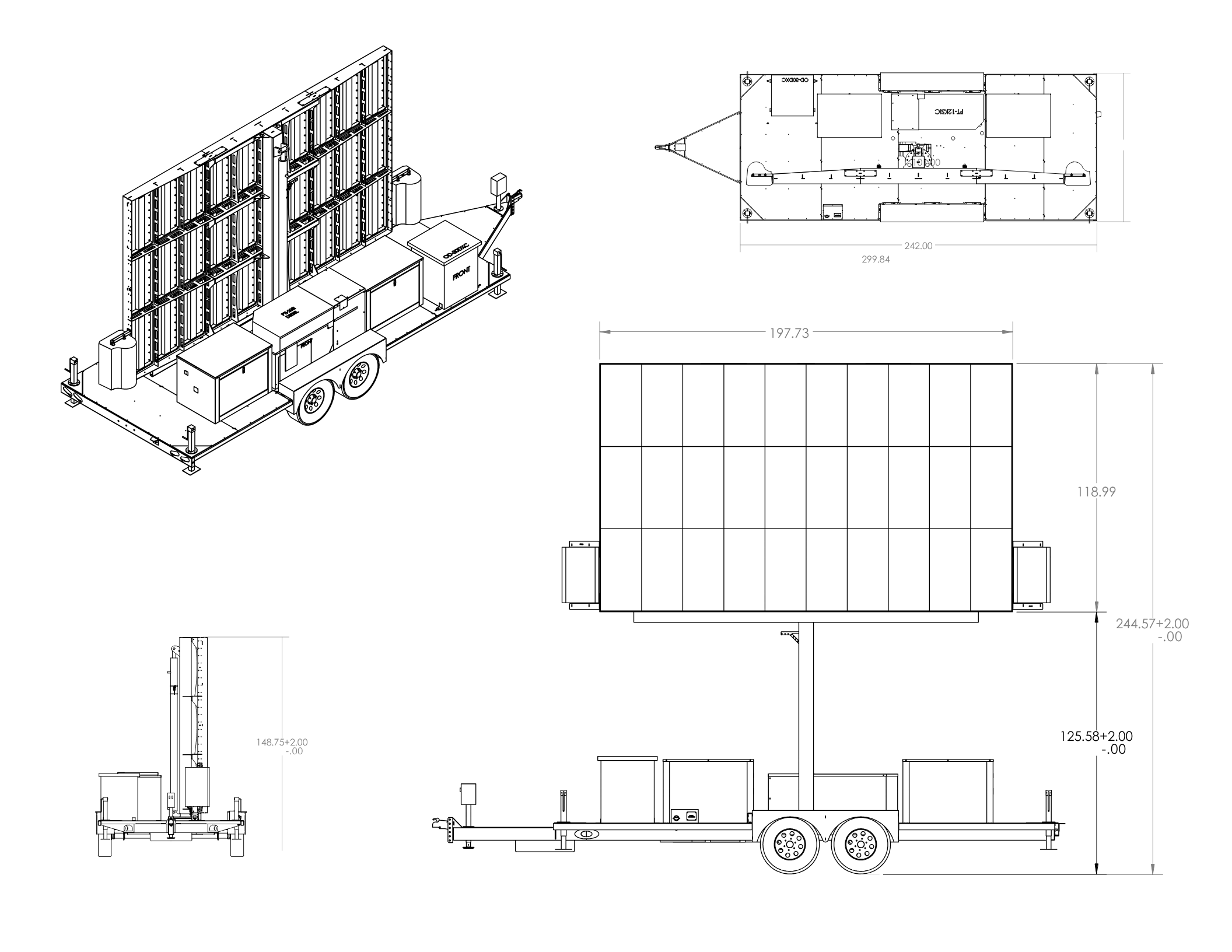 Technical schematic and 3D view of a trailer-mounted solar panel array with detailed dimensions.
