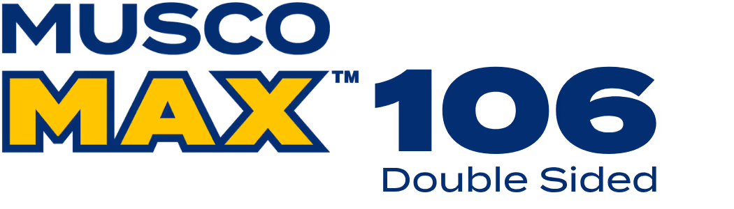 Text reading Musco Max 106 Double Sided in blue and yellow font on a transparent background.