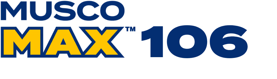 Musco Max 106 logo with Musco in blue and Max in yellow and blue.