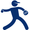 Blue icon of a baseball player pitching a ball wearing a cap.