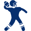 Blue icon of a football player throwing a ball with a raised arm.