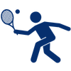 Blue icon of a person playing tennis with a racket and ball.