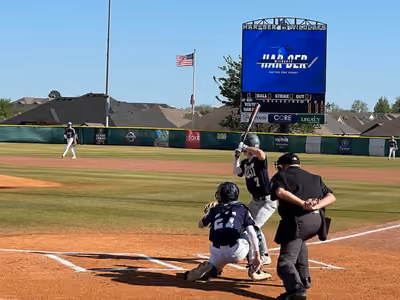 Baseball batter preparing to hit as catcher and umpire crouch behind home plate on sunny field.
