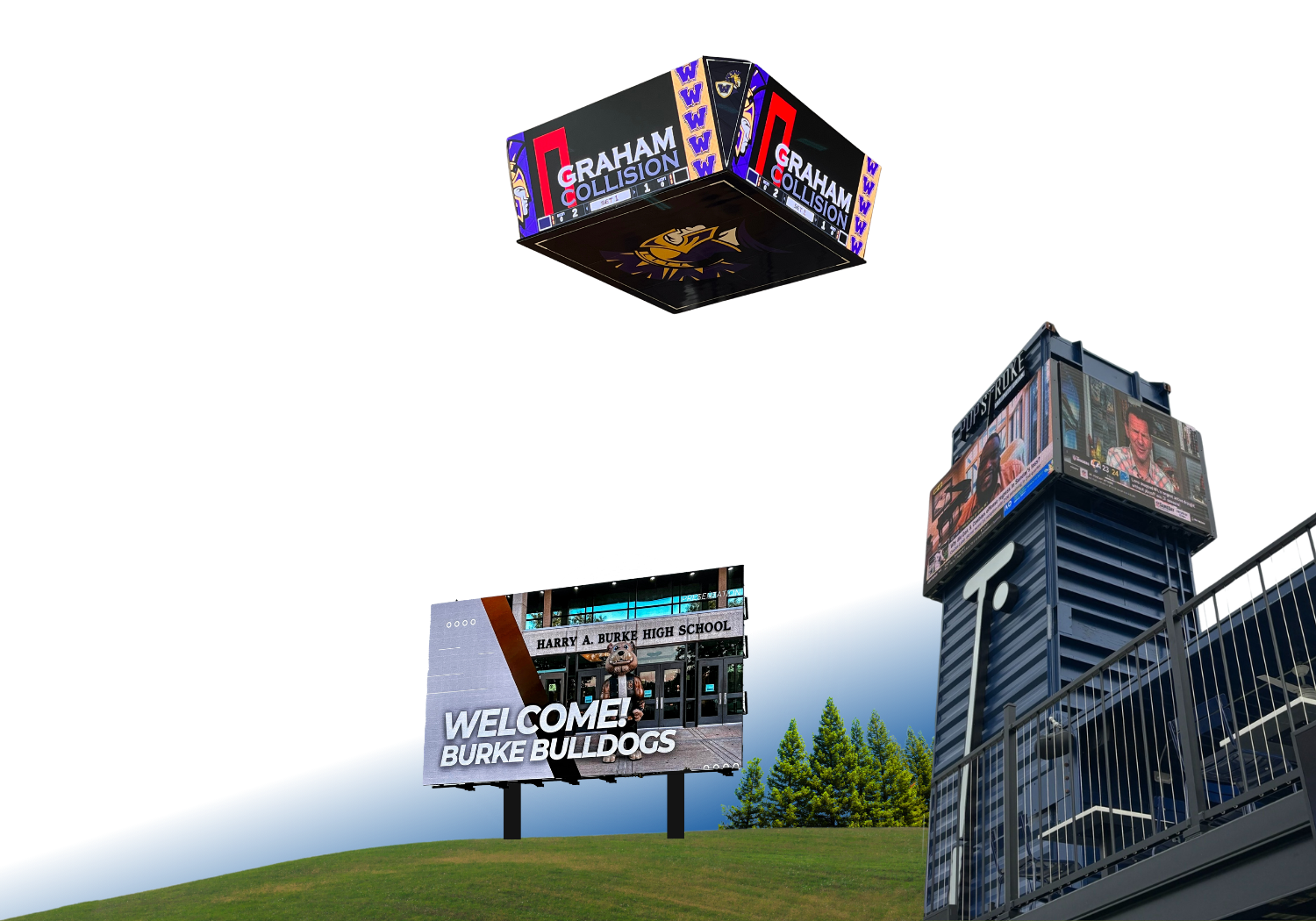 Outdoor sports scoreboard and digital billboard welcoming Burke Bulldogs at Harry A. Burke High School.