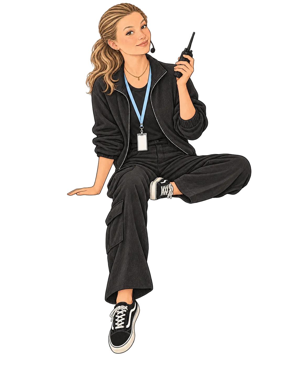 Illustration de Fanny Dominguez coordonnant un congrès avec un talkie-walkie.