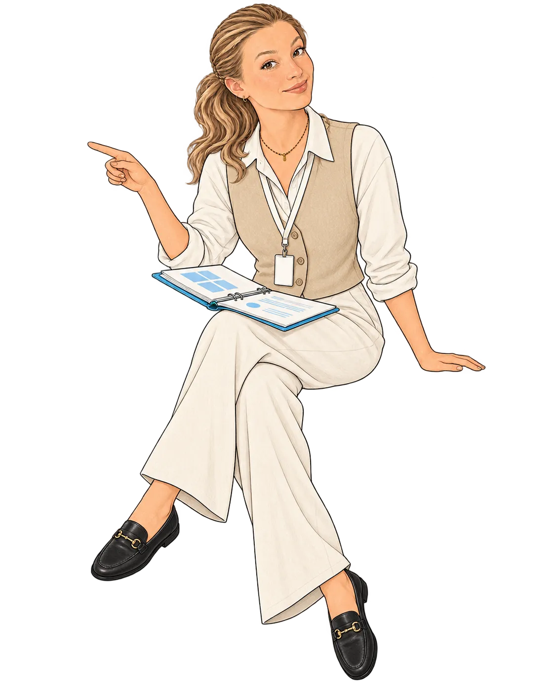 Illustration de Fanny Dominguez préparant un séminaire avec un carnet de coordination.