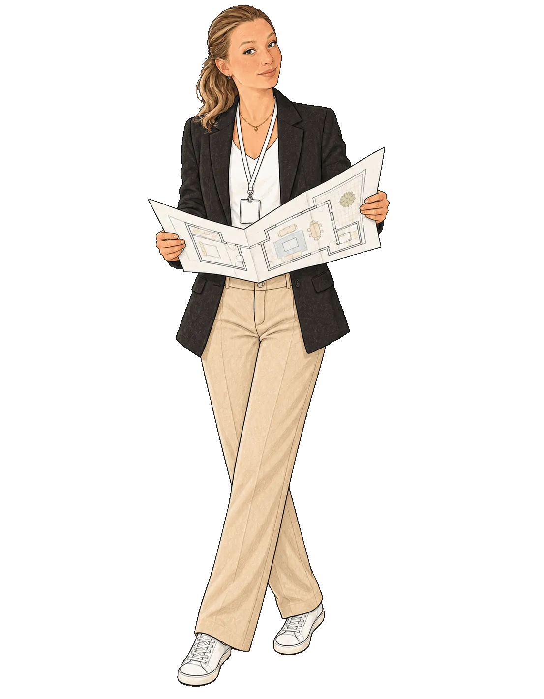 Illustration de Fanny Dominguez consultant les plans d’un espace événementiel.