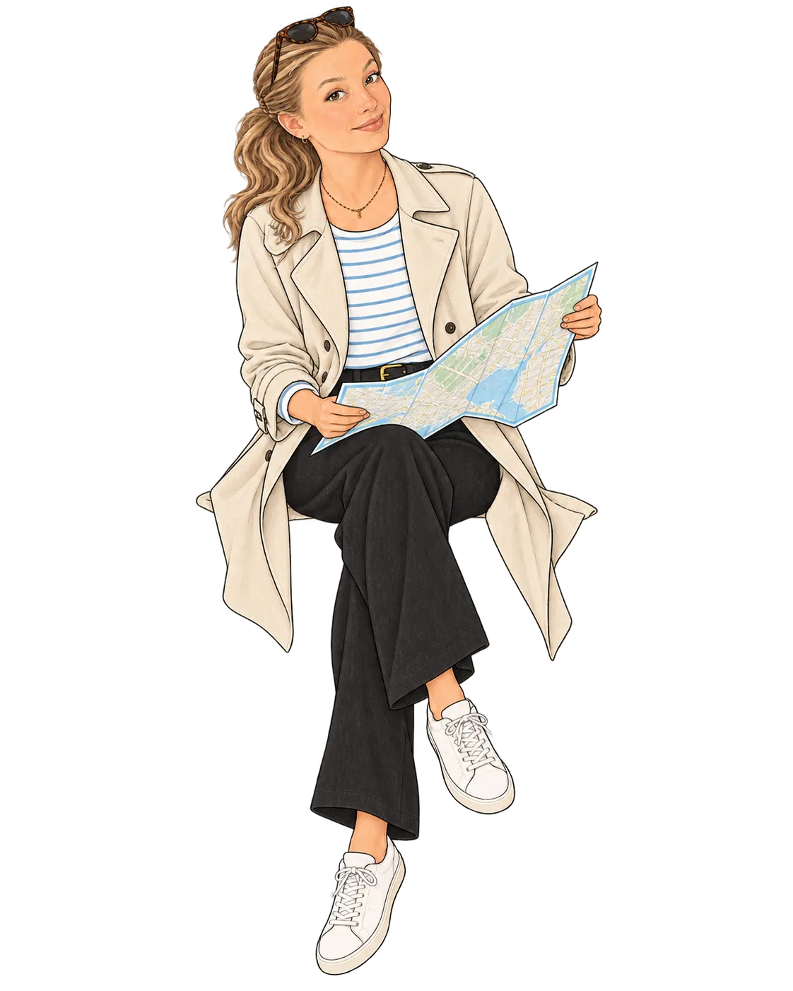 Illustration de Fanny Dominguez consultant une carte de ses zones d’intervention.