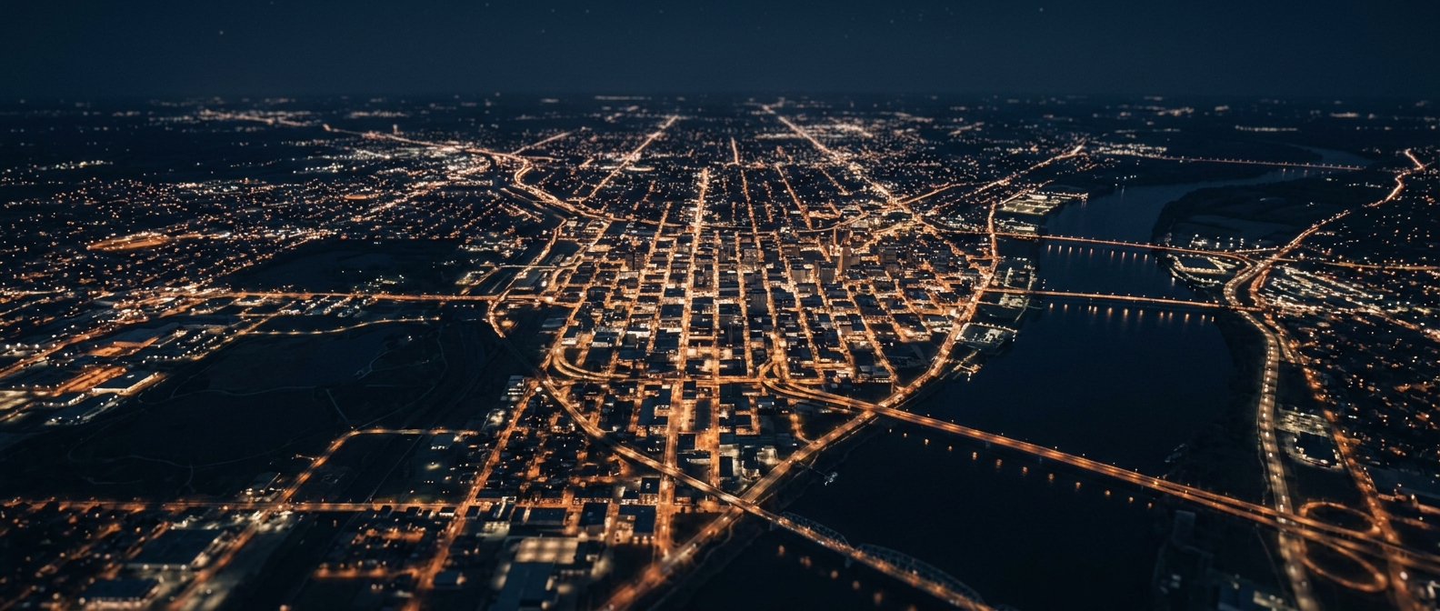 An aerial night view of a city, its street grid and bridges lit up across a river.
