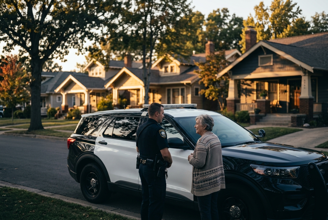A police officer standing beside a patrol SUV, talking with a resident on a tree-lined residential street.