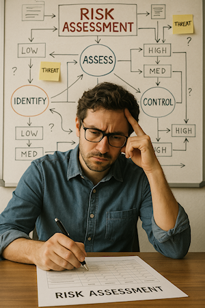 A man at a desk studying a risk assessment worksheet, with a board of risk notes and diagrams behind him.