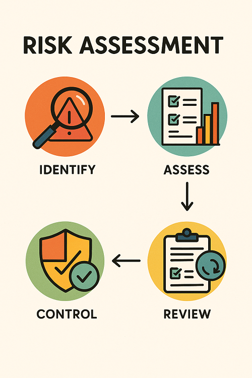 Risk assessment cycle diagram with four stages: identify, assess, review, and control.