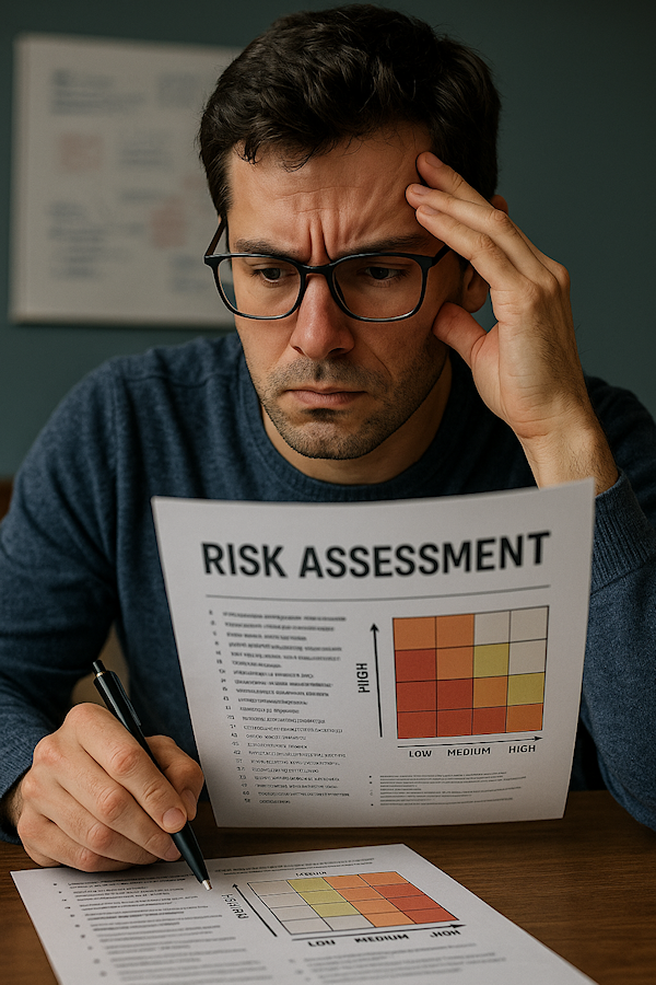 A frustrated man holding up a printed risk assessment report.
