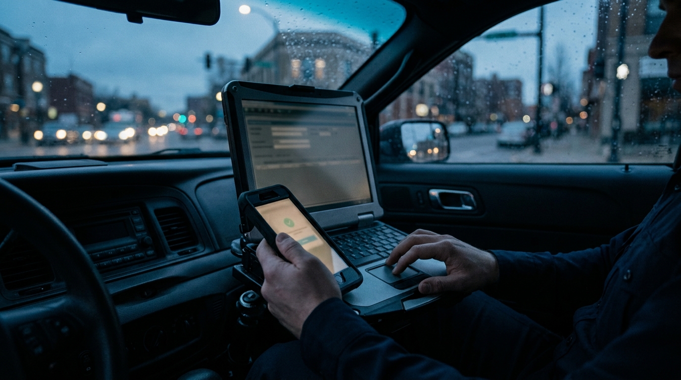 Officer in a patrol car approving a sign-in on a smartphone next to a dashboard-mounted rugged laptop, city street at dusk outside.