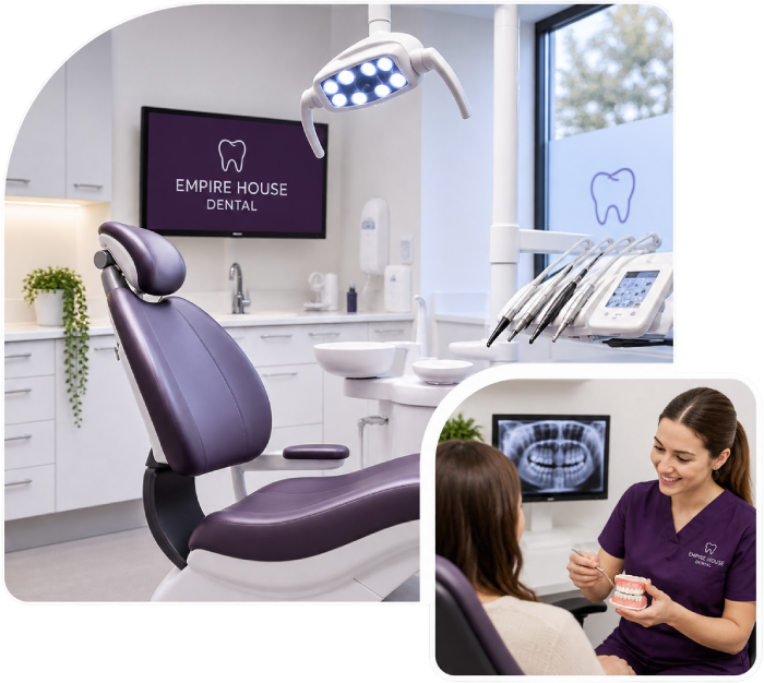 Modern dental clinic room with a purple dental chair, overhead light, dental instruments, and a screen displaying 'Empire House Dental' with a tooth logo; inset shows a female dentist in purple scrubs explaining dental care using a model to a seated female patient with a dental X-ray visible on a monitor behind them.