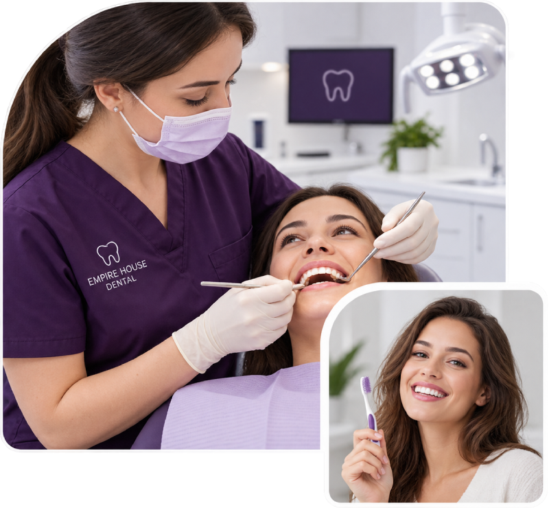 A dentist in a purple uniform and mask examines a smiling woman's teeth with dental instruments in a bright dental office; an inset image shows the same woman smiling and holding a purple toothbrush.