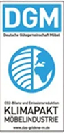 DGM logo in blue and white above an image of the Earth and the text 'Klimapakt Möbeldistributure' indicating climate pact certification.