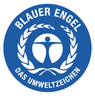 Blauer Engel Umweltzeichen weiß auf blauem Hintergrund mit stilisiertem menschlichen Symbol umgeben von einem Lorbeerkranz.