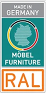 RAL quality certificate label with 'Made in Germany' text above a map outline of Germany in turquoise, with 'Möbel Furniture' written underneath and RAL logo in orange at the bottom.