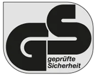 GS Zeichen mit den Buchstaben GS in Schwarz und dem Text "geprüfte Sicherheit" darunter.