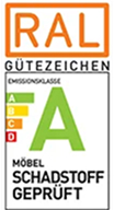 RAL Gütezeichen Zertifikat mit großer grüner A-Bewertung für Emissionsklasse, Möbel schadstoffgeprüft.