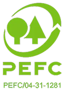 Grünes PEFC-Logo mit zwei stilisierten Bäumen, einem Kreis und dem Text PEFC sowie einer Zertifikatsnummer darunter.