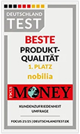Siegel von Deutschland Test und Focus Money, das Nobila als beste Produktqualität auf Platz 1 auszeichnet.