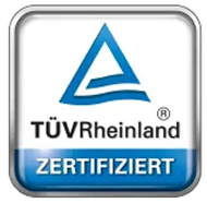 TÜV Rheinland zertifiziertes Qualitätszeichen in einem abgerundeten weißen Quadrat mit blauen und schwarzen Elementen.