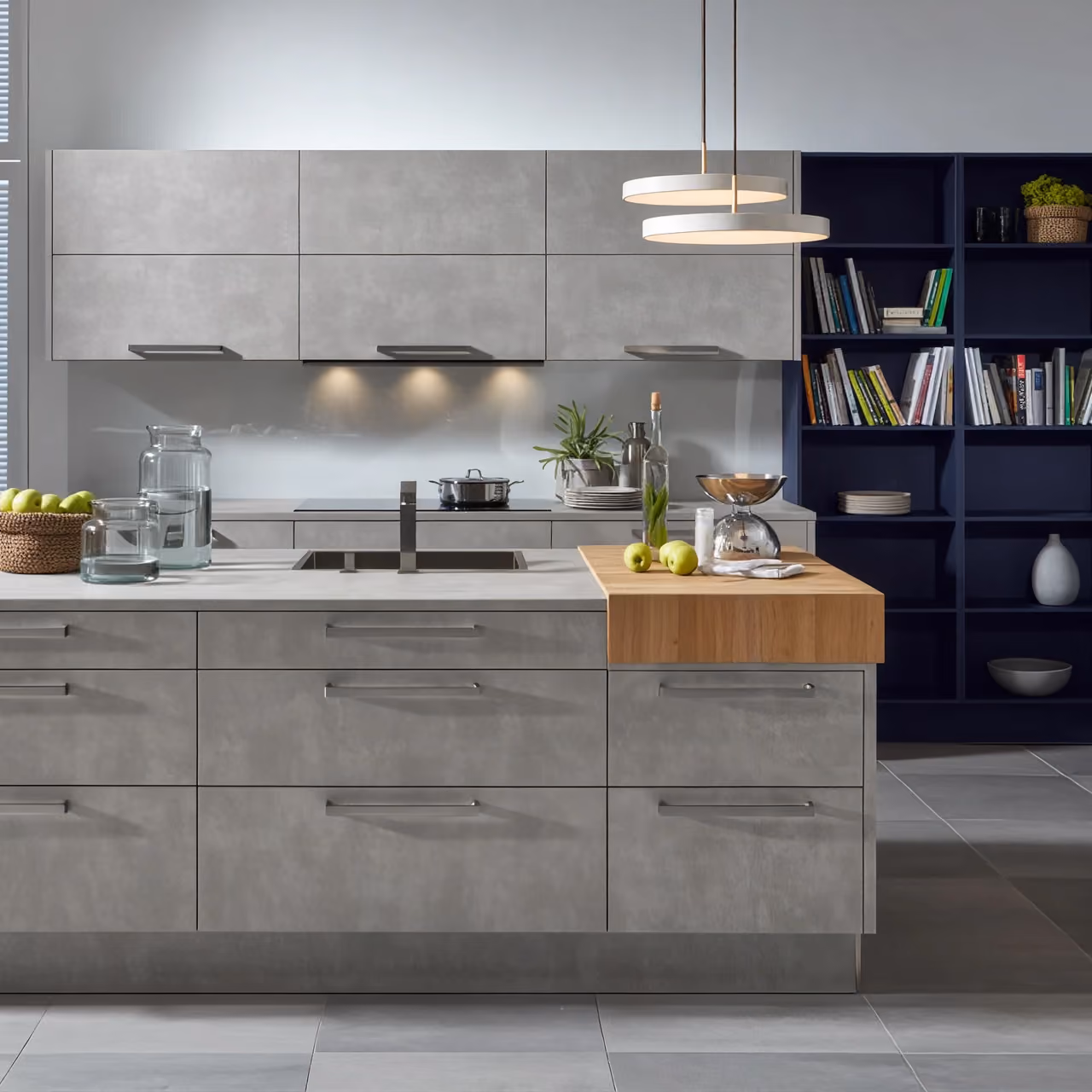 Moderne Küche mit grauen flachen Schränken, Arbeitsplatte mit integriertem Spülbecken und Holzarbeitsplatte rechts, dekoriert mit grünen Äpfeln, Glasbehältern, einer Pflanze und einer Küchenwaage, im Hintergrund ein dunkler Bücherregal mit Büchern und Dekoration.