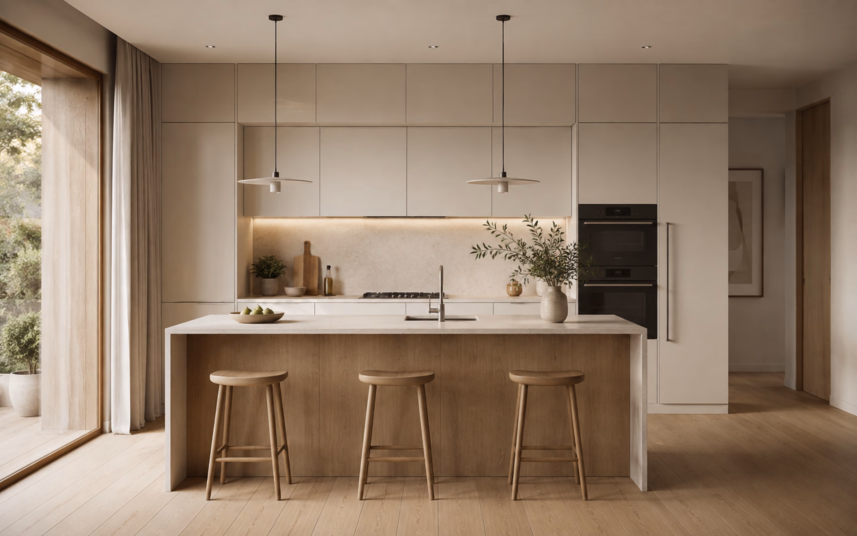Moderne Küche in neutralen Farben mit einer Kücheninsel aus Holz und weißer Marmorarbeitsplatte, drei Holzhockern, zwei hängenden Lampen, eingebauten Backöfen und großer Fensterfront zum Garten.