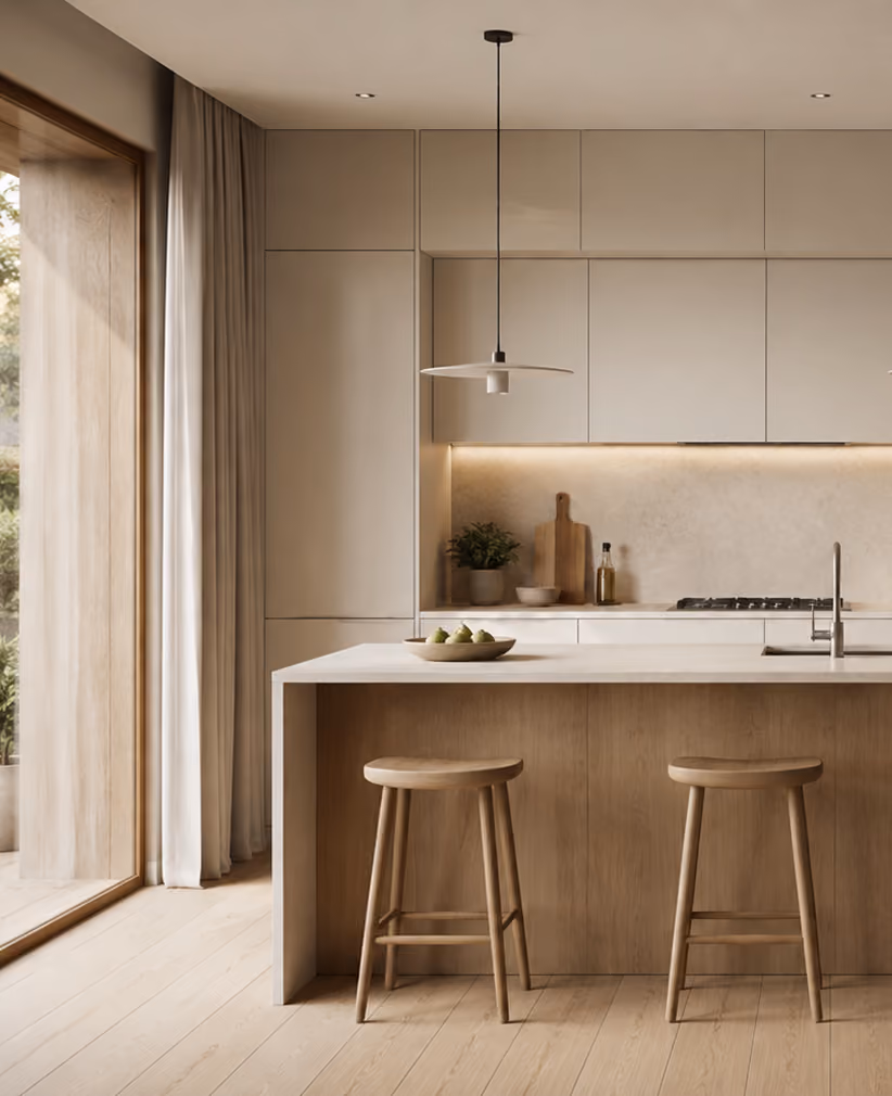 Moderne, minimalistische Küche mit hellem Holzfußboden, weißer Kücheninsel mit zwei Holzhockern, weißen Oberschränken und einer Pendelleuchte, daneben große Fenster mit Vorhängen, die Tageslicht hereinlassen.