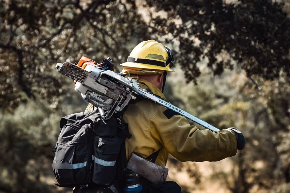 Wildland firefighter carrying a chainsaw and backpack while walking through a wooded area