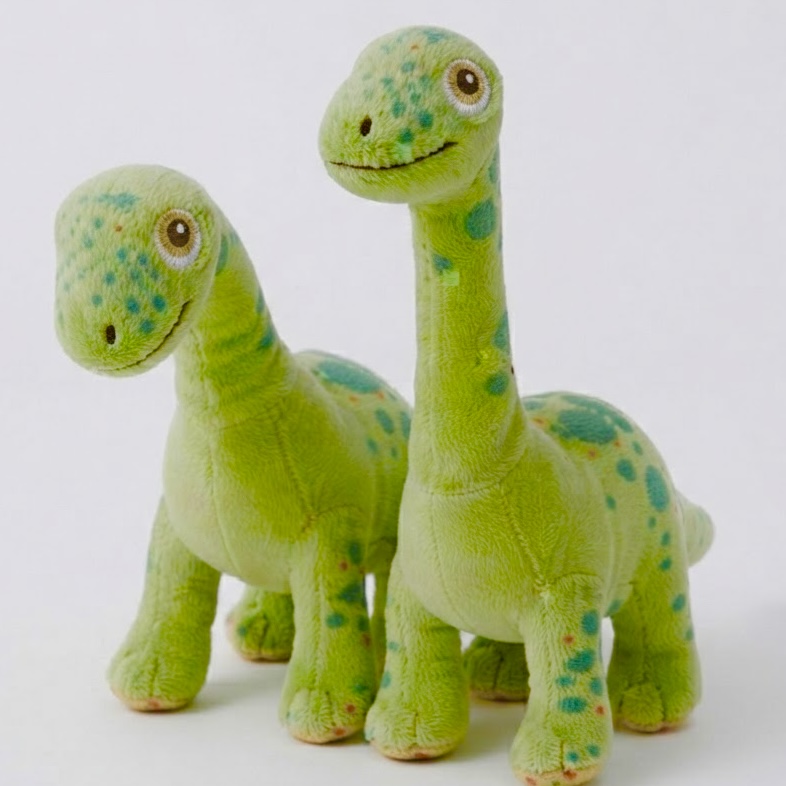 Two green spotted dinosaur plush toys
