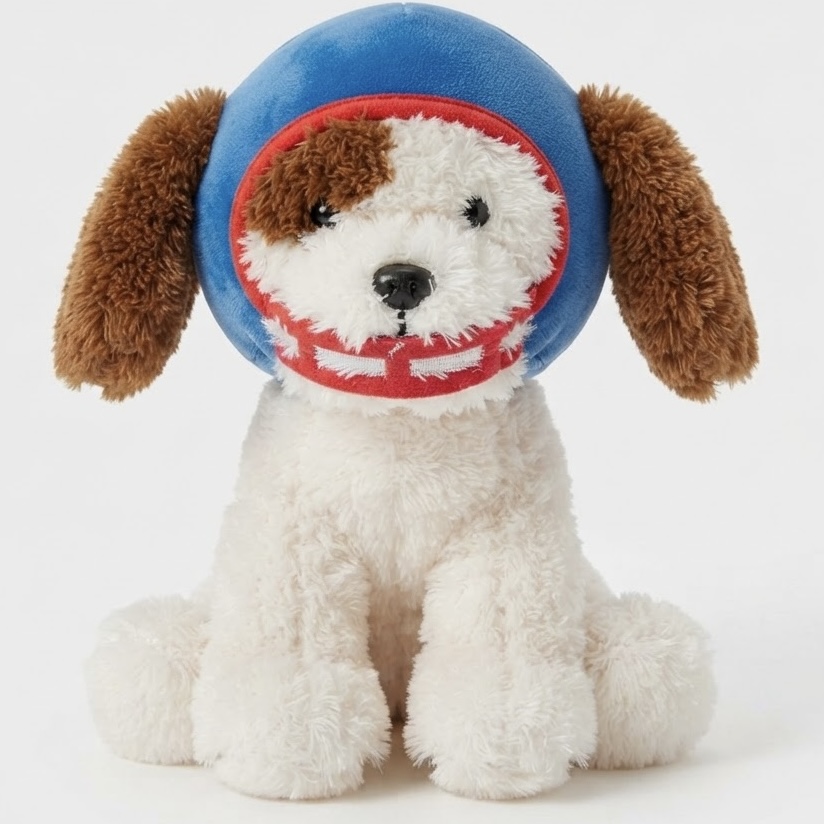 White dog plush wearing a blue sports helmet