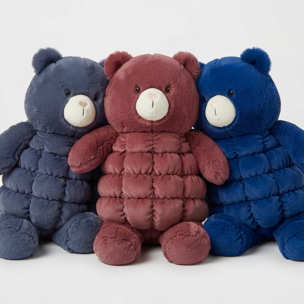 Three quilted teddy bear plush toys