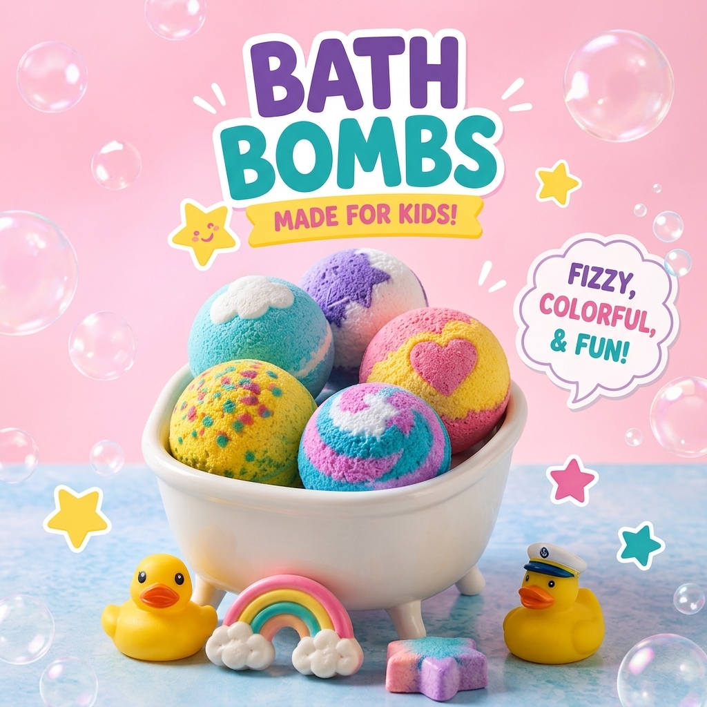 Kids bath bombs in a mini bathtub with rubber ducks