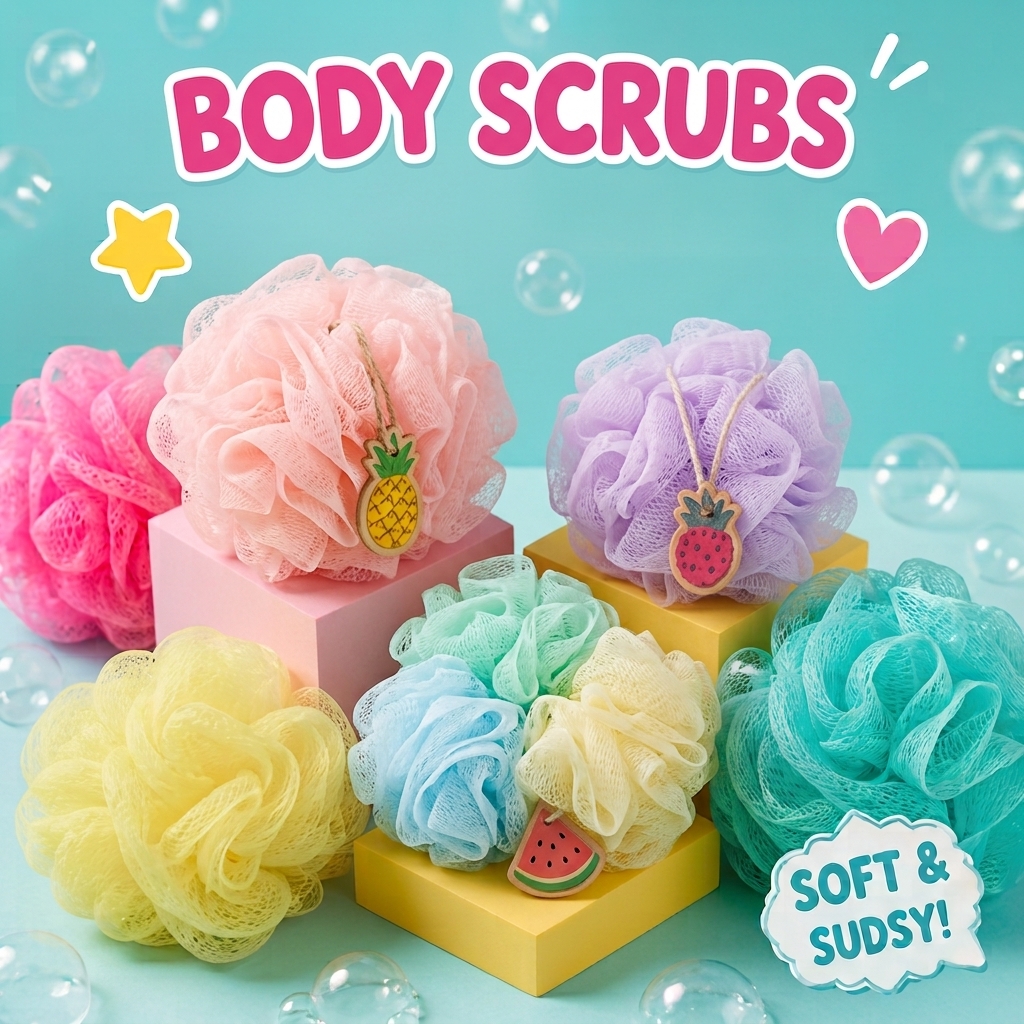 Colorful mesh body scrubs and loofahs with fruit charms