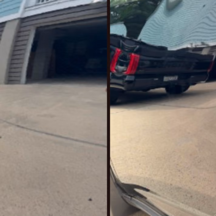 Side-by-side comparison of a driveway showing a dented and damaged area on the left and the same area repaired and smooth on the right.